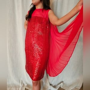 Sequin Embellished Vintage Fiery Red Shift 60s Dress With Pleated Cape